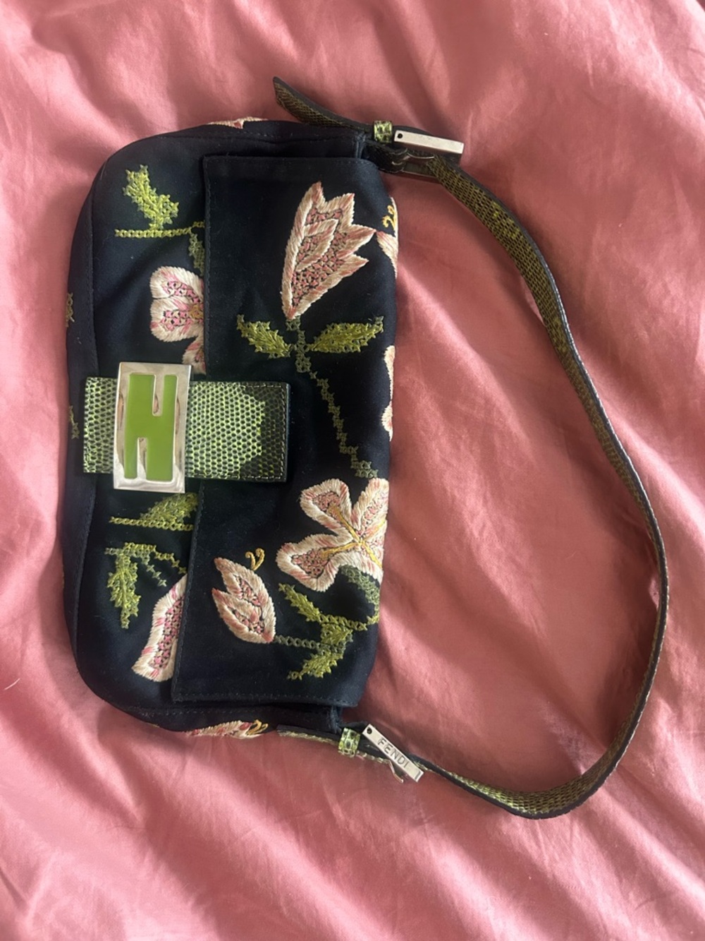 Fendi Black Floral Embroidered Baguette with Green Accents